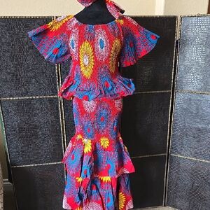 Vibrant Red and Blue Skirt Set